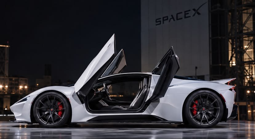 Recreación generada con IA de un deportivo eléctrico blanco con las puertas abiertas hacia arriba, de noche, frente a un edificio con el logotipo de SpaceX.